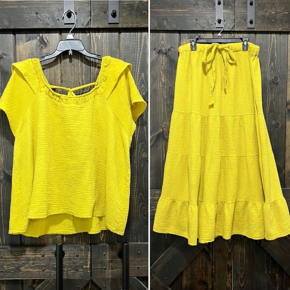 Ashley Stewart Maxi Set 18 20 Yellow Skirt Gauzy Flutter Boho Matching Stretch - Picture 1 of 12